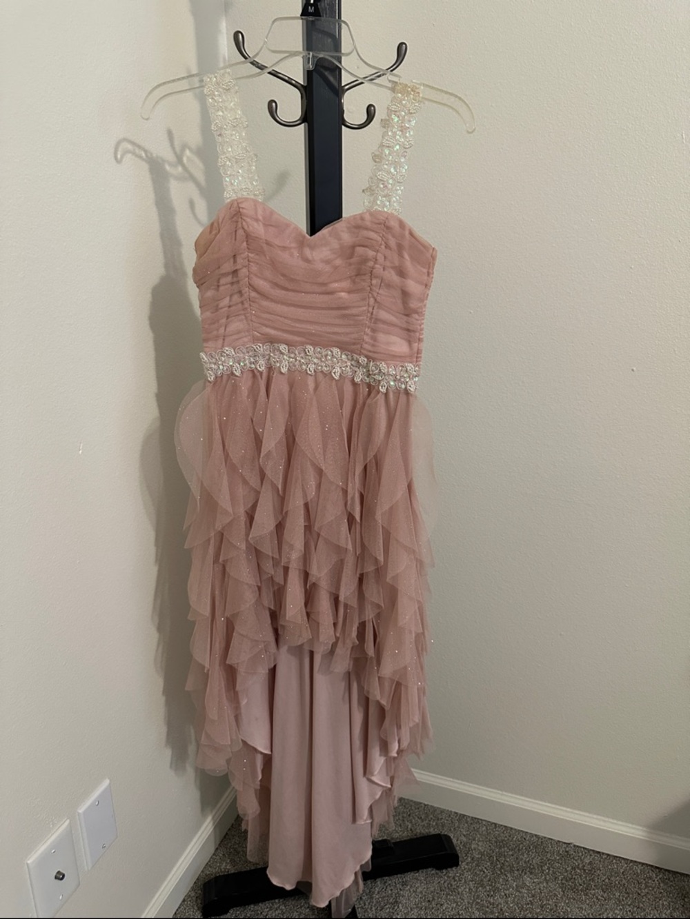 Teeze Me Dusty Rose Asymmetrical Ruffle Prom Dress with Beaded Straps